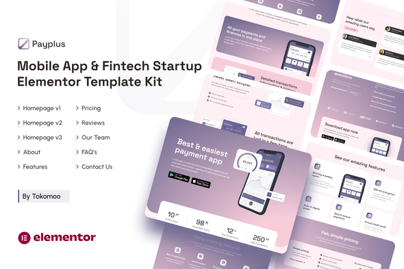 Payplus | Mobile App & Fintech Startup Elementor Template Kit