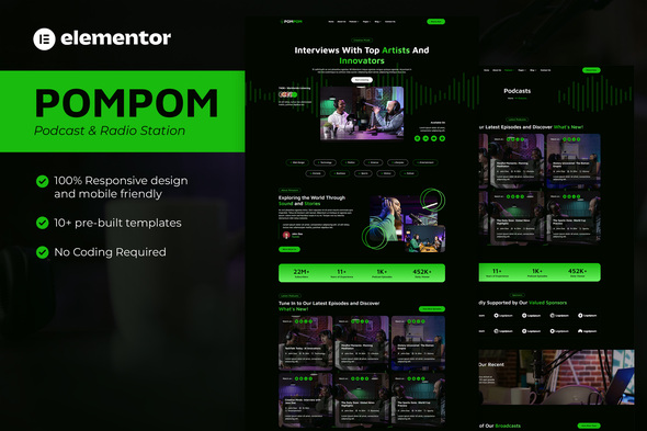 Pompom - Podcast & Radio Station Elementor Template Kit