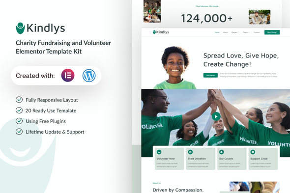 Kindlys - Charity Fundraising & Volunteer Elementor Template Kit